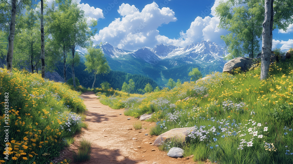 Obraz premium Serene Mountain Meadow Landscape With Wildflowers And Hiking Trail