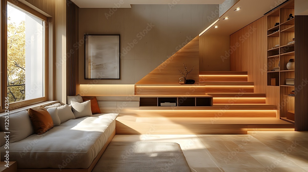 Naklejka premium Explore a sleek modern living space featuring warm lighting and minimalistic design.