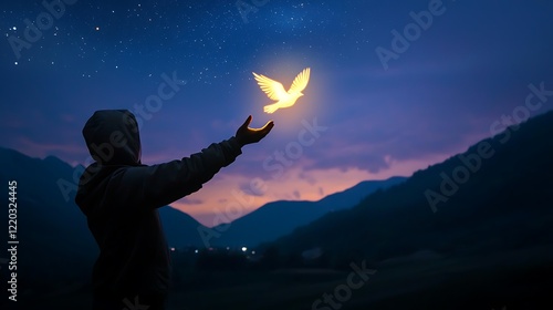 A person is holding a bird in their hand, with the bird glowing in the dark sky