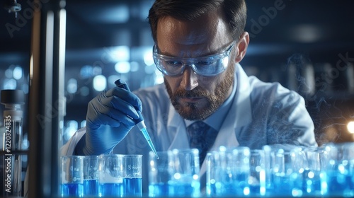 A focused scientist prepares for experimentation in a modern laboratory by using a pipette to transfer blue liquid into test tubes, showcasing meticulous research practic photo