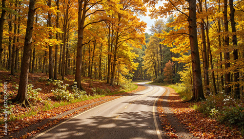 Wallpaper Mural Scenic autumn road winding through golden trees Torontodigital.ca