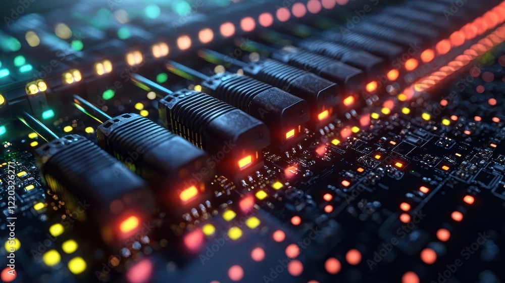Fototapeta premium Illuminated Circuit Board: A Close-Up of Server Technology