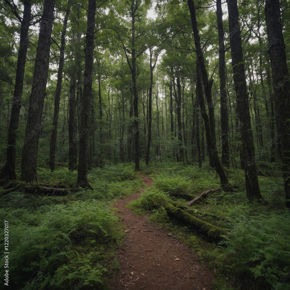 Fototapeta premium Write about an old, forgotten trail that winds through a dense, untouched part of the forest.