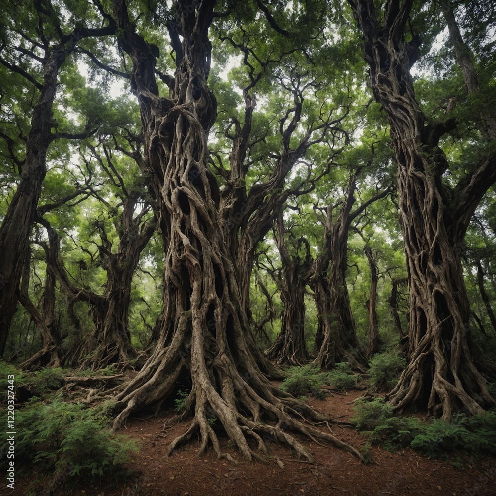 Describe the ancient trees of a forest, their trunks twisted and gnarled with age. Describe the ancient trees of a forest, their trunks twisted and gnarled with age.