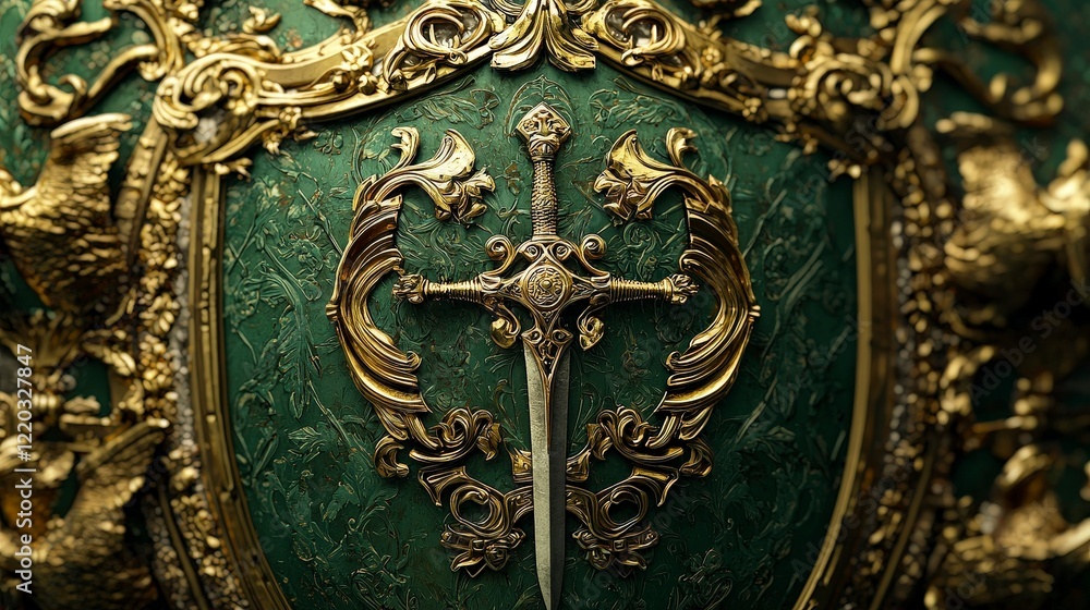 Ornate Shield with Sword Detail in Luxurious Golden Finish Ornate Shield with Sword Detail in Luxurious Golden Finish