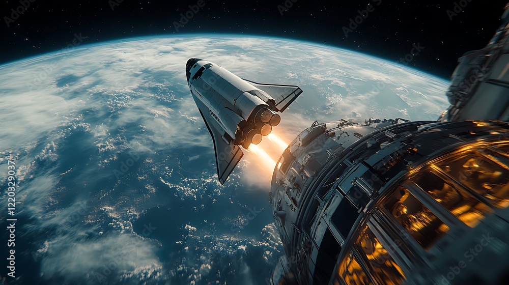 Fototapeta premium 3D render of a space shuttle in orbit a rocket launch on galaxy