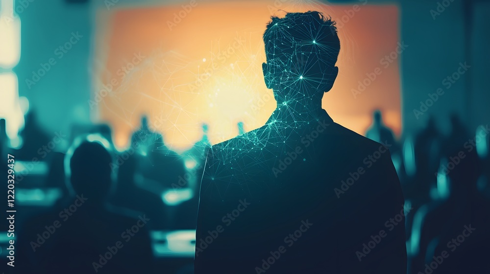 Speaker addressing audience, tech overlay, conference hall Speaker addressing audience, tech overlay, conference hall