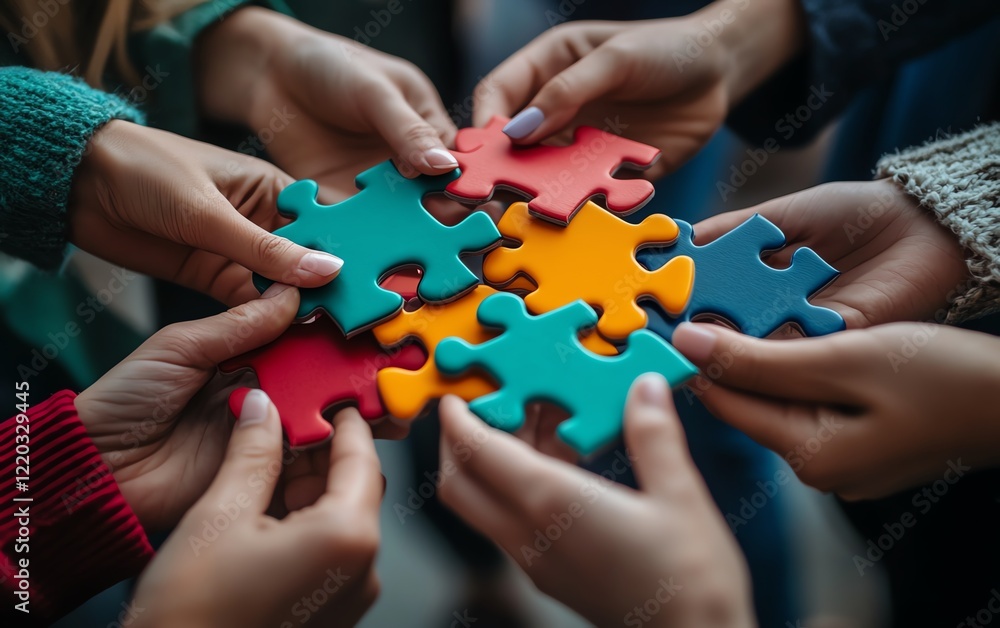 Hands of different people connecting vibrant jigsaw puzzle pieces, depicting the power of teamwork, unity, and collaborative problemsolving Hands of different people connecting vibrant jigsaw puzzle pieces, depicting the power of teamwork, unity, and collaborative problemsolving