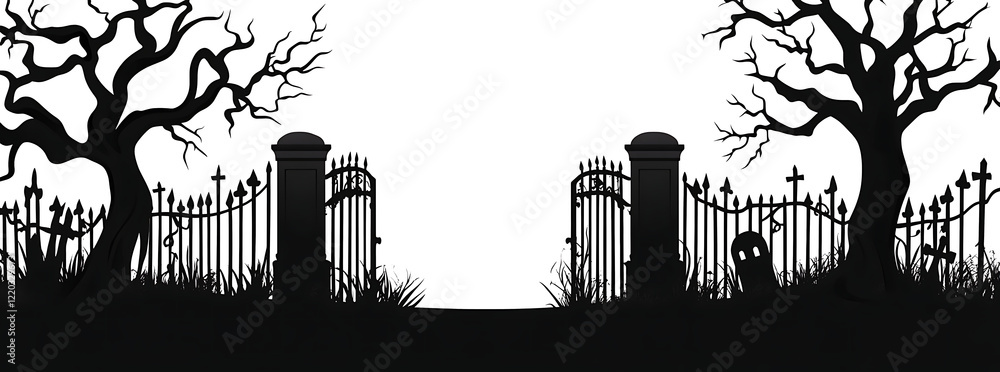 Obraz premium Silhouette of a graveyard gate with dead trees isolated on white background.PNG