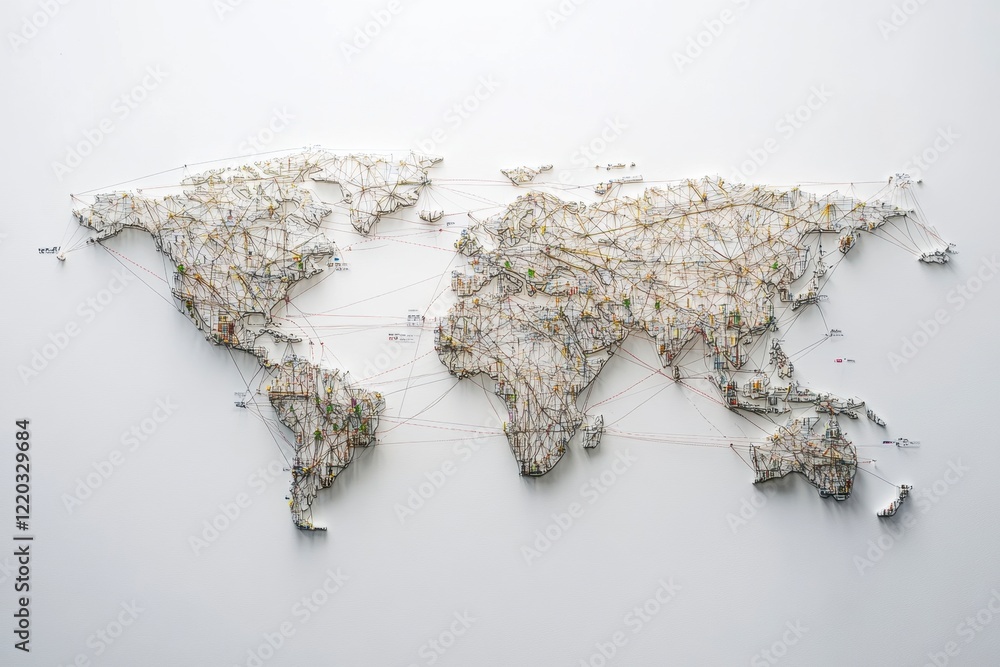 A textured world map is depicted with numerous thin threads connecting various points, A textured world map is depicted with numerous thin threads connecting various points,