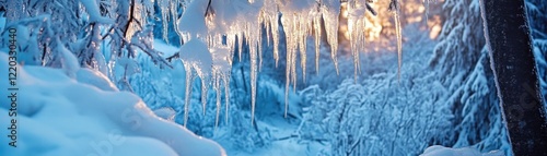 A winter wonderland features icicles and snowdraped trees. photo