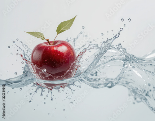 a whole red apple fell into the water. Apples with a splash of water seem very fresh. isolated on white background