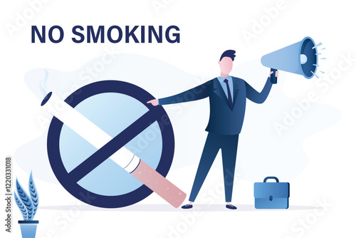 World Tobacco Day, No Smoking Campaign. Man refusing cigarette or quitting smoking habit concept. Businessman uses loudspeaker and giving speech. Motivation speech,