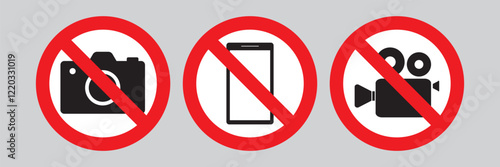 No Photographing, prohibition sign symbol icon. Video, photo, phone in red prohibited sign, restrictions. Set of pictograms template for web or print.