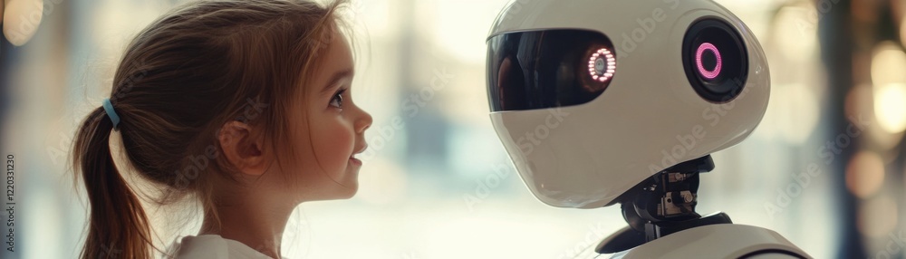 Naklejka premium An AI robot interacts with a curious child in a minimalist room.