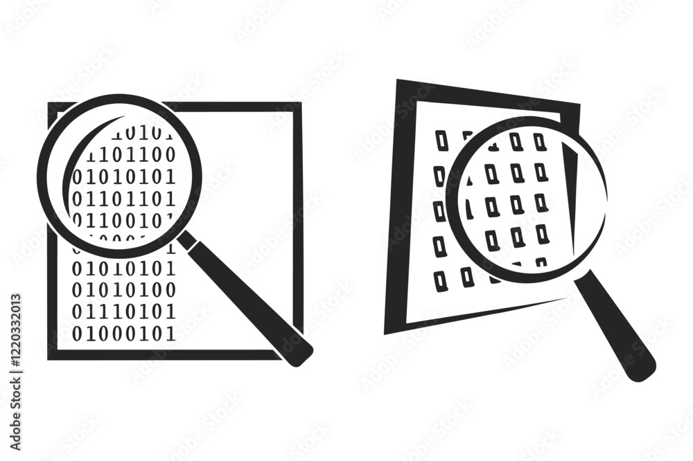 a symbolic logo of a magnifying glass over a grid of binary numbers, representing data analysis a symbolic logo of a magnifying glass over a grid of binary numbers, representing data analysis