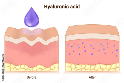 Hyaluronic acid vector. Comparison of skin before and after hyaluronic acid use. Vector for advertising about beauty and medical treatment.