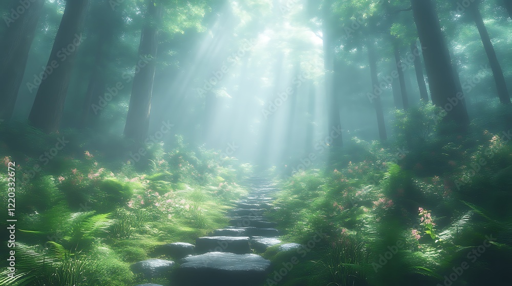 Sunlit Stone Steps Wind Through Misty Forest Sunlit Stone Steps Wind Through Misty Forest