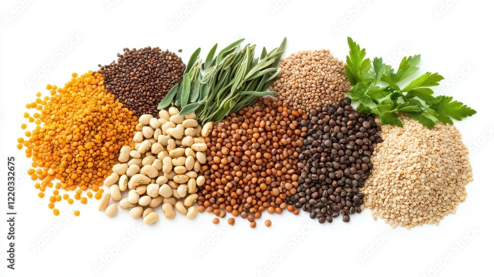 Variety of colorful spices and herbs on a white isolated background. Flexitarian food concept Variety of colorful spices and herbs on a white isolated background. Flexitarian food concept