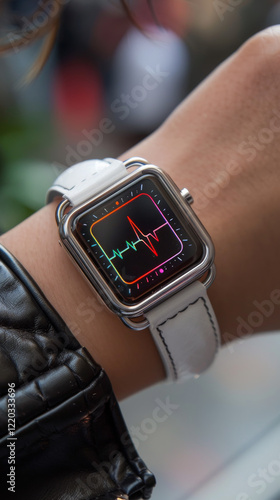 A stylish smartwatch with a vibrant ECG heart rate monitor display, worn on a wrist with a sleek white leather strap. Health monitor and technology gadget concept. photo