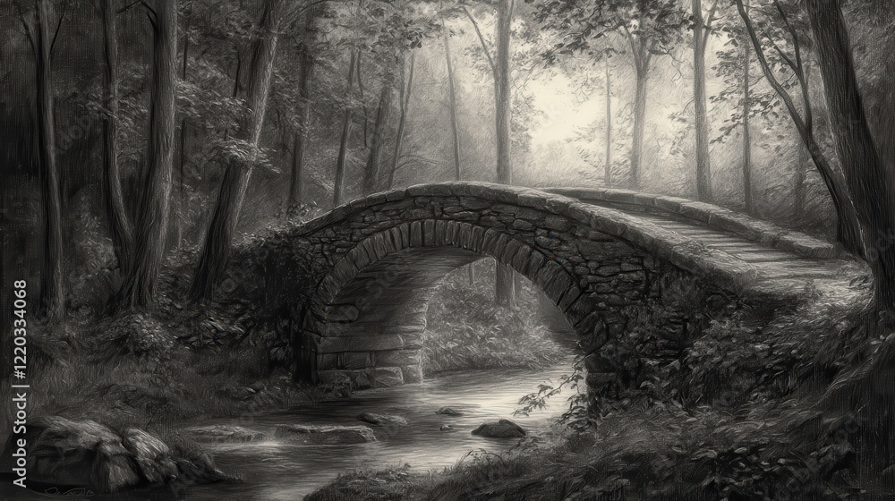 Naklejka premium A pencil drawing of an old stone bridge over a gentle stream