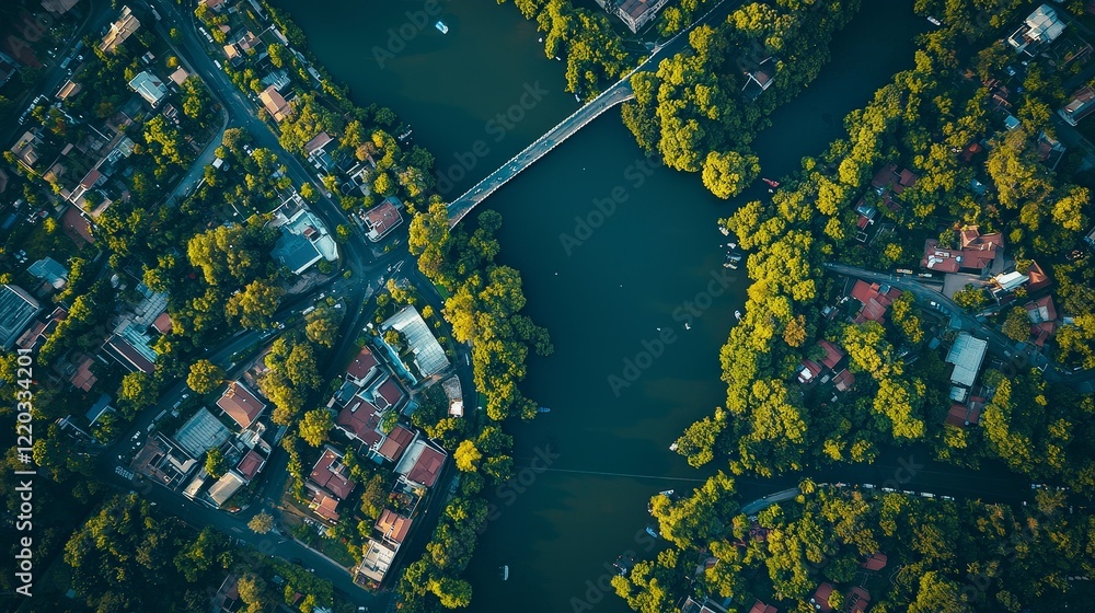 Fototapeta premium Aerial View of River Surrounded by Lush Green Trees and Homes