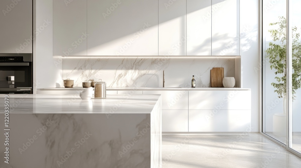 Fototapeta premium Sunlit Modern Kitchen: Minimalist Design with Marble Accents