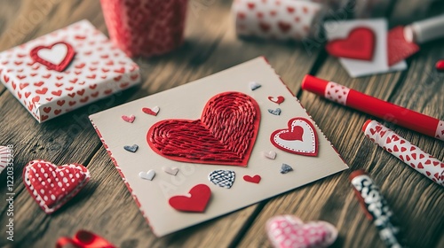 Valentineâ€™s Day card ideas displayed on a table with stamps, markers, and embellishments photo