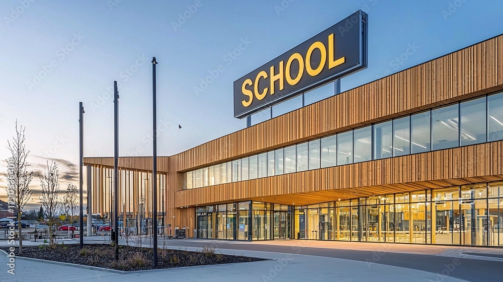 Obraz premium A modern school building with a sleek design, large windows, and a visible school sign above the entrance, representing a state-of-the-art learning facility. 