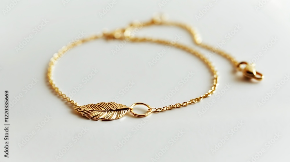 A delicate gold anklet with a small feather charm, photographed on a clean white background.