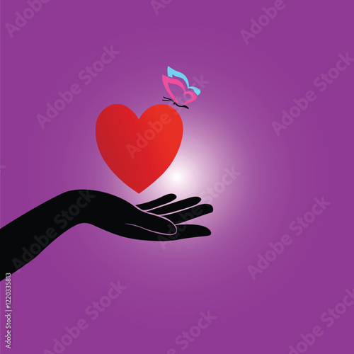 Vibrant Heart and Butterfly Illustration on Open Hand with Purple Background
