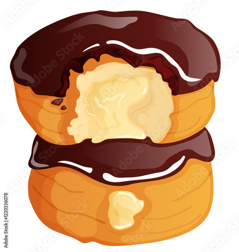 Boston Cream Donuts Stacked Bitten and Whole. Doughnuts with Custard Filling and Chocolate Glaze. Confectionery Pastry Illustration