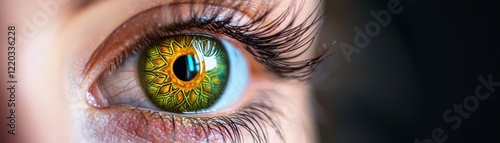 iris patterns eye striking close-up green  concept. Close-up of a colorful eye with intricate details and lashes.