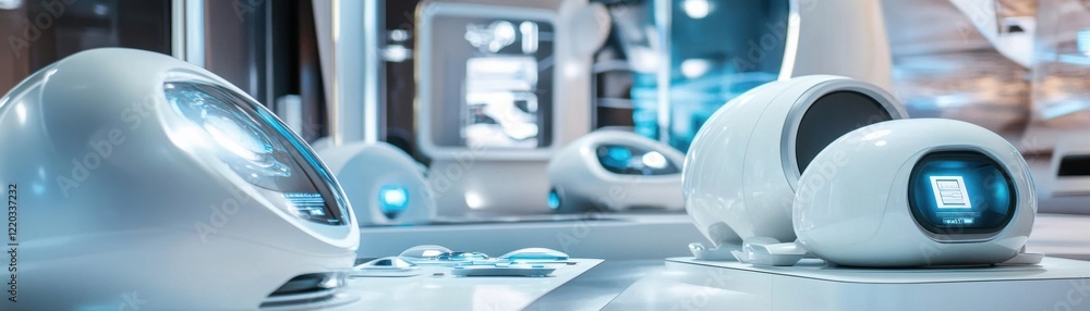Futuristic gadgets are displayed in a hightech showroom. Futuristic gadgets are displayed in a hightech showroom.