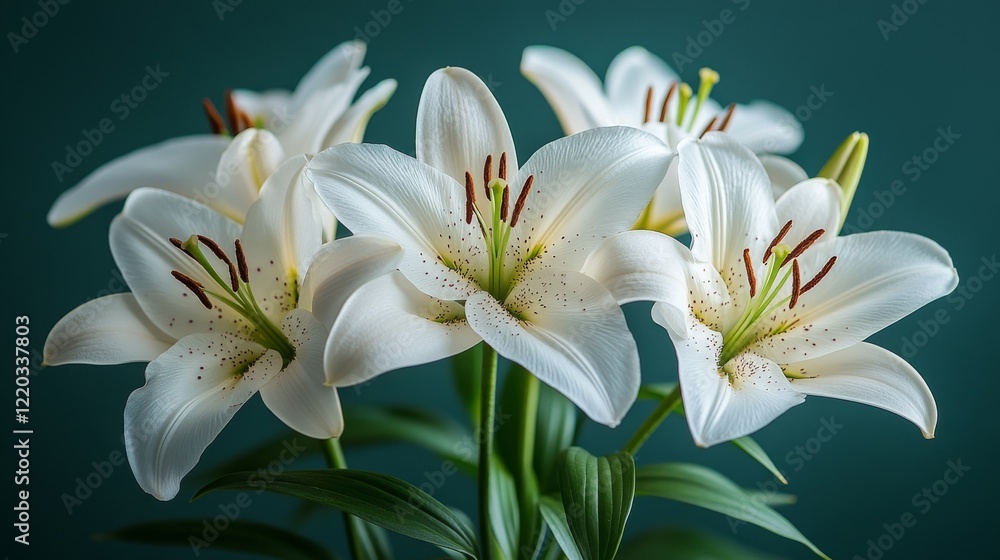 Close-up of four pristine white lilies against a dark teal background. Close-up of four pristine white lilies against a dark teal background.