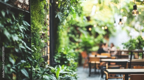 Fototapeta Naklejka Na Ścianę i Meble -  Eco-Friendly Cafe with Natural Plant Decor and Lighting