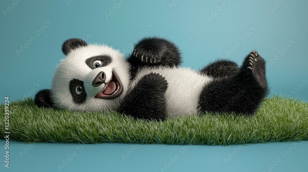 Obraz premium Happy panda relaxing in the grass. AI.