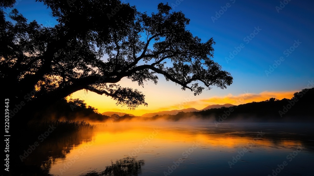 Tranquil Sunset Over Misty Lake with Silhouetted Tree Branches Tranquil Sunset Over Misty Lake with Silhouetted Tree Branches