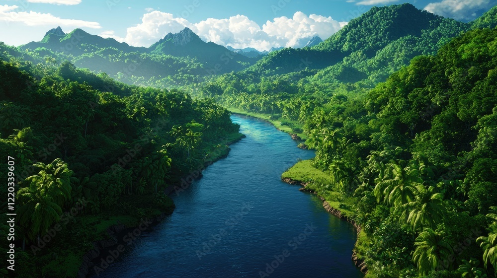 Lush Tropical Landscape with Serene River and Majestic Mountains Lush Tropical Landscape with Serene River and Majestic Mountains
