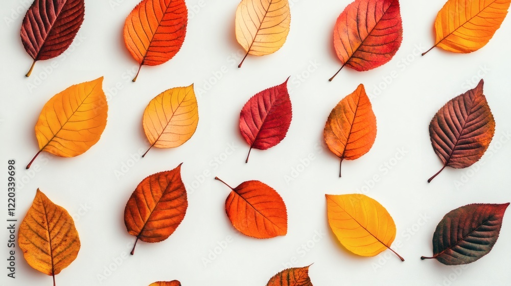 Autumn Leaves Pattern Vibrant Fall Foliage Flat Lay on White Background Autumn Leaves Pattern Vibrant Fall Foliage Flat Lay on White Background