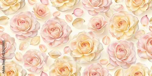 Delicate seamless floral pattern featuring soft pink English rose petals in gentle hues of peach and pale yellow on a creamy white background , seamless, delicate