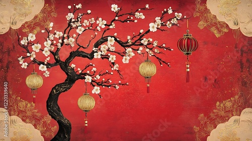 Artistic Chinese New Year greeting card with a plum flower tree and decorative elements like lanterns and gold patterns photo