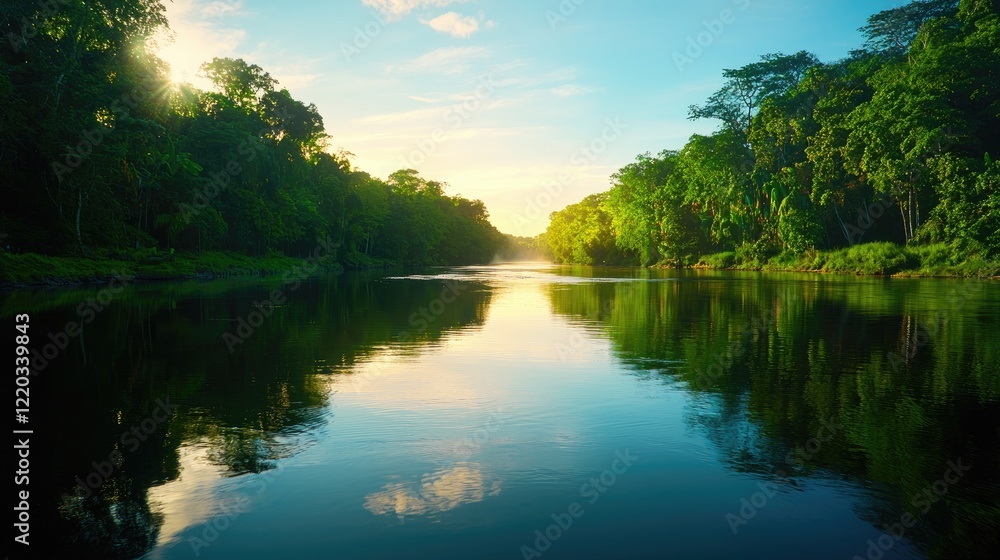 Serene Sunrise Over Tranquil River Surrounded by Lush Greenery Serene Sunrise Over Tranquil River Surrounded by Lush Greenery