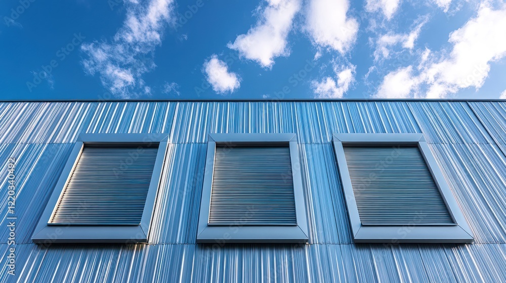 Fototapeta premium Three rectangular windows on a modern building's blue metal facade under a bright blue sky.