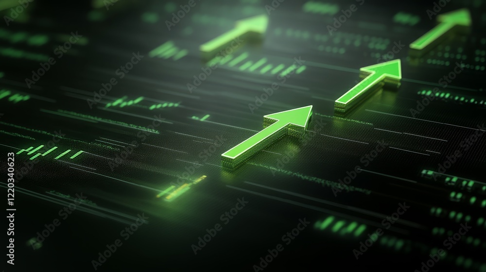 Green upward arrow on dark background, symbol of growth and progress Green upward arrow on dark background, symbol of growth and progress