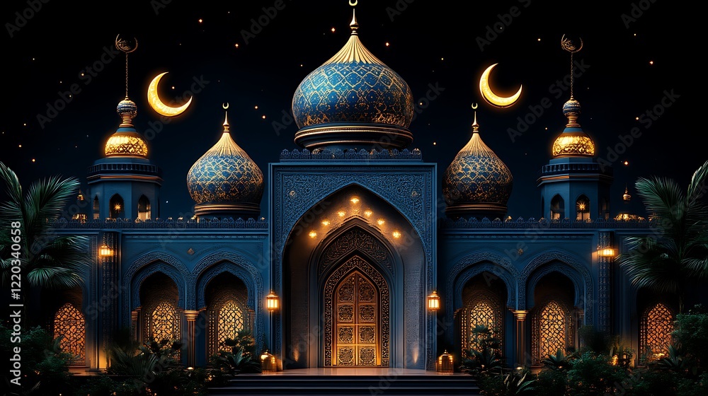 Fototapeta premium Majestic Mosque at Night Illuminated Golden Crescents