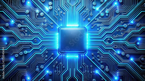 A futuristic circuit board with glowing blue lines and circuits , motherboard , wires,  motherboard