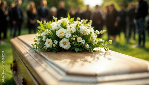 An outdoor funeral service with a casket, flowers and mourners, a graveyard burial moment at summer time in sunny daylight