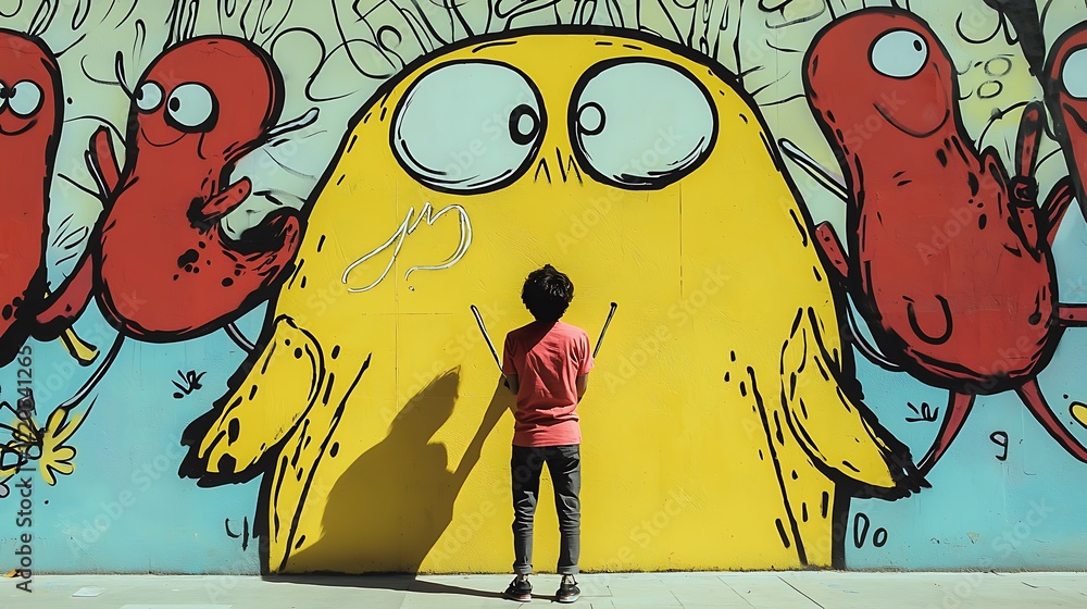 A man is painting a yellow monster on a wall A man is painting a yellow monster on a wall