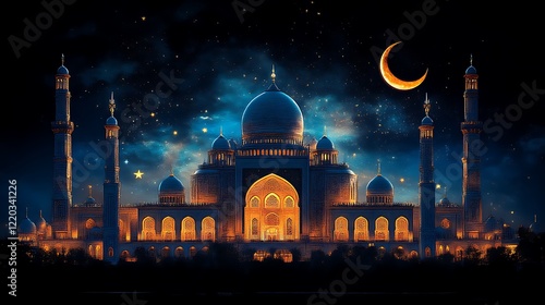 Illuminated Mosque at Night Under Crescent Moon and Stars